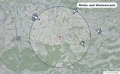 Mapa okolic miasta z sylwetkami samolotów — Niebo nad Wadowicami